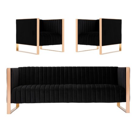 MANHATTAN COMFORT Trillium Sofa and Armchair Set of 3 in Black and Rose Gold 3A-SS559-BK